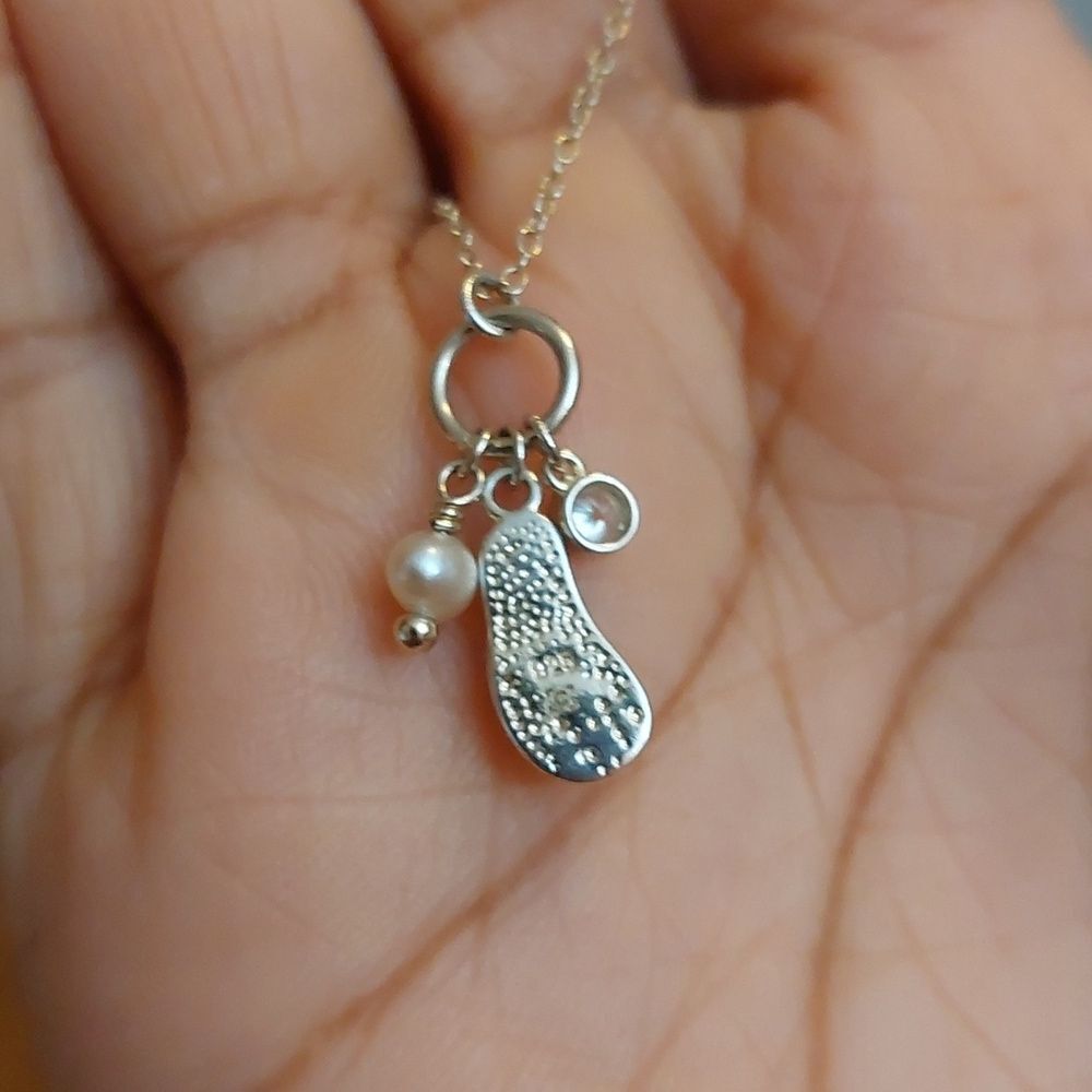 Dainty Freshwater Pearl CZ Crystal Flip Flop Pendant Sterling Silver Necklace - Picture 2 of 3